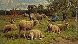 A Shepherd and His Dog Guarding a Flock of Sheep by Cornelis van Leemputten